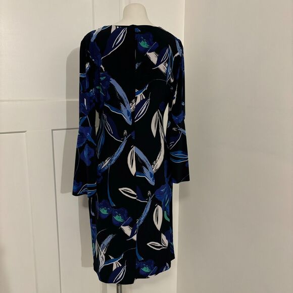 Lauren Ralph Lauren size 10 Blue Abstract Floral Bell Sleeve Faux Wrap Dress - Picture 3 of 14